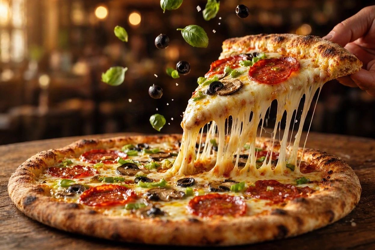 Pizza com queijo derretido esticando