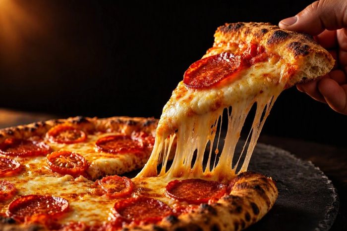 Pizza com queijo derretido sendo levantada